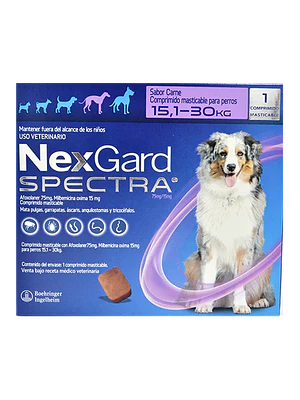 Nexgard Spectra para Perros de 15,1 - 30 Kilos, envase de 1 Comprimido Masticable
