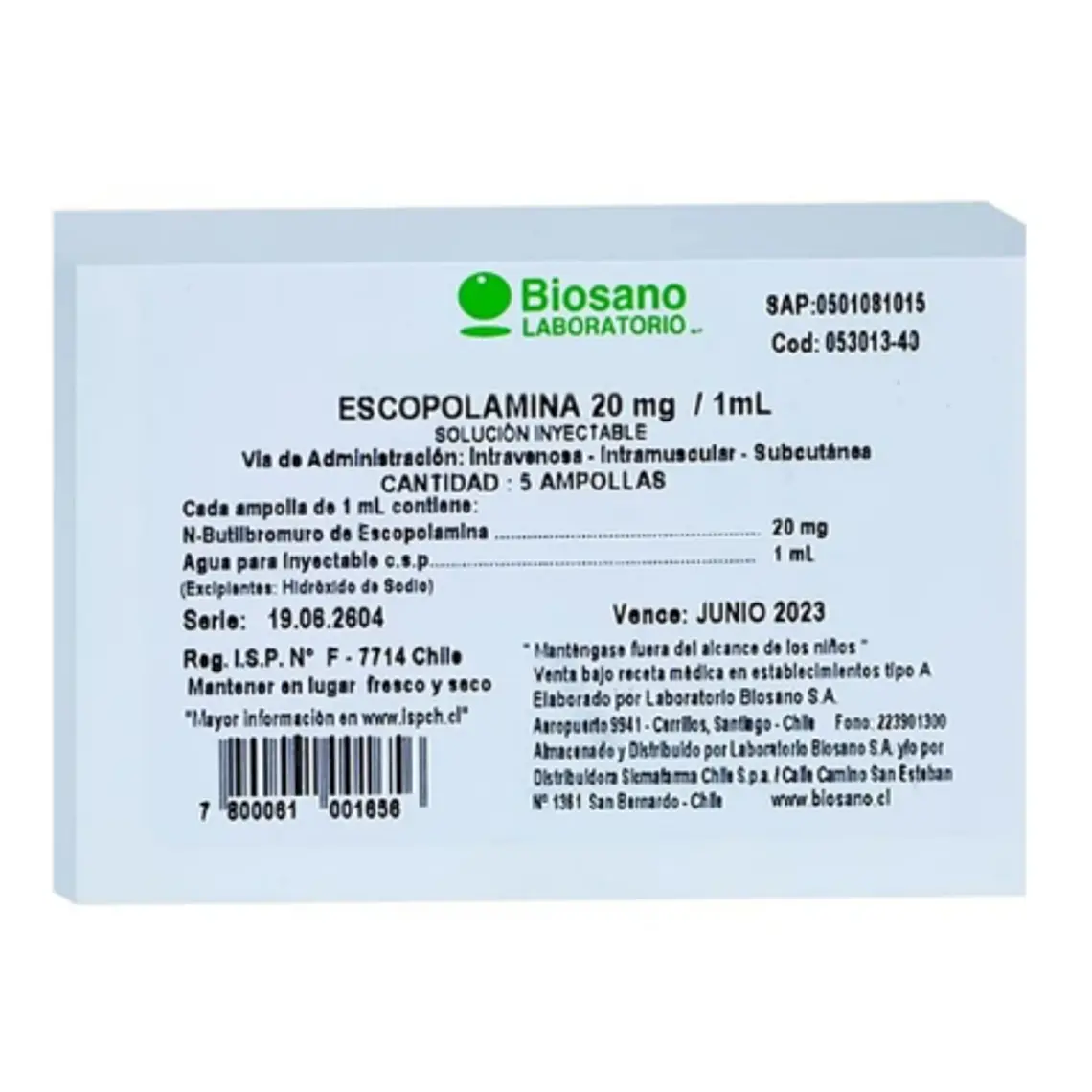 Escopolamina 20 mg/ml Solución inyectable 100 Ampollas. Sanderson 1