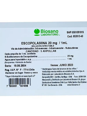 Escopolamina 20 mg/ml Solución inyectable 100 Ampollas. Sanderson