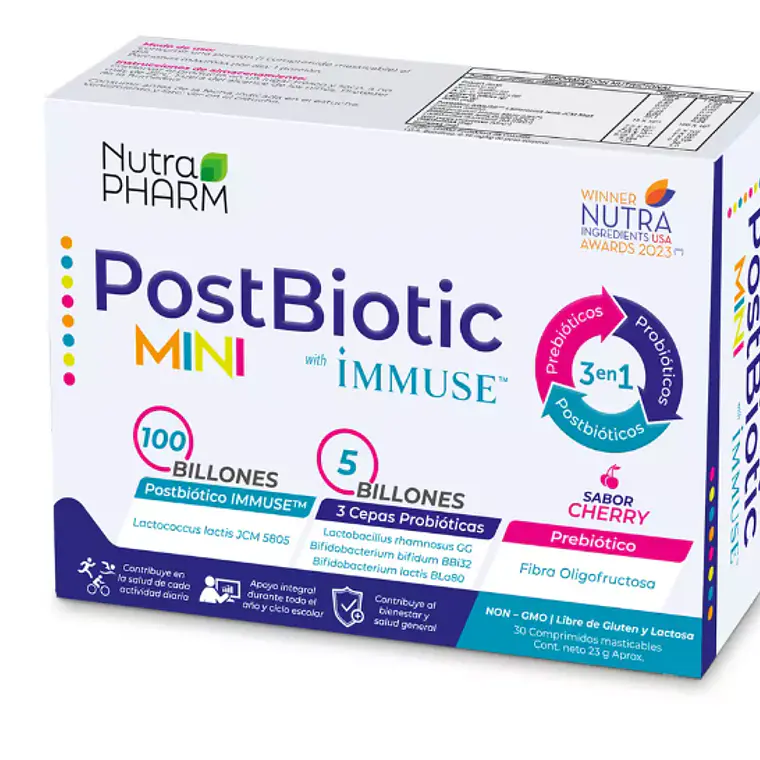 PostBiotic  Mini Immuse 30 Comprimidos masticables sabor Cherry. Nutra Pharm 1