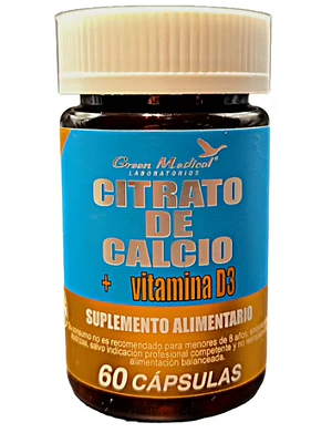Citrato de Calcio + Vitamina D3 60  Cápsulas. Green Medical