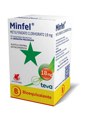 Minfel (B) Metilfenidato 18 mg 30 Comprimidos. Medicamento controlado, venta presencial
