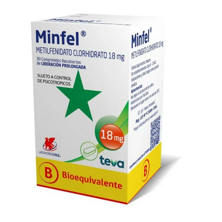 Minfel (B) Metilfenidato 18 mg 30 Comprimidos. Medicamento controlado, venta presencial 1