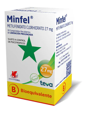 Minfel  (B) Metilfenidato 27 mg 30 Comprimidos. Medicamento controlado, venta presencial