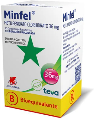 Minfel  (B) Metilfenidato 36 mg 30 Comprimidos. Medicamento controlado, venta presencial