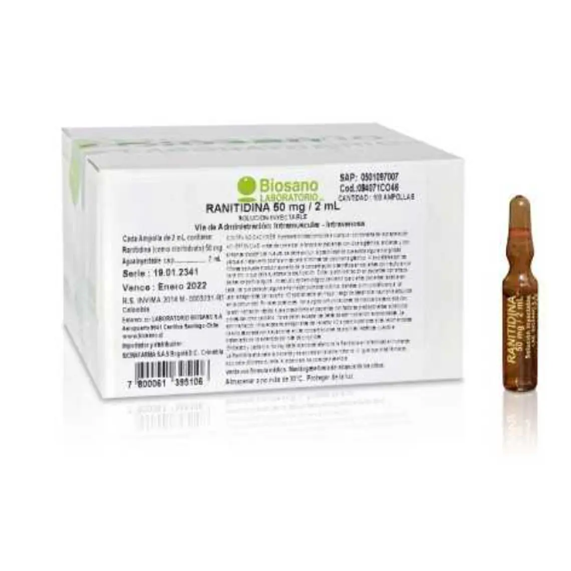 Ranitidina 50 mg/2 ml Solución inyectable 100 Ampollas. Biosano  1