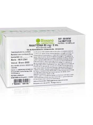 Ranitidina 50 mg/2 ml Solución inyectable 100 Ampollas. Biosano 