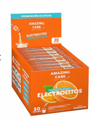 Amazing Care Electrolitos en Polvo sabor naranja 30 Unidades.