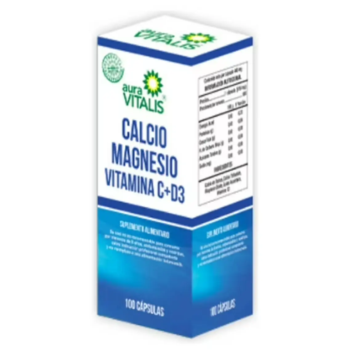 Calcio Magnesio Vitamina C+D3  367 mg 100 Cápsulas. Aura Vitalis 1