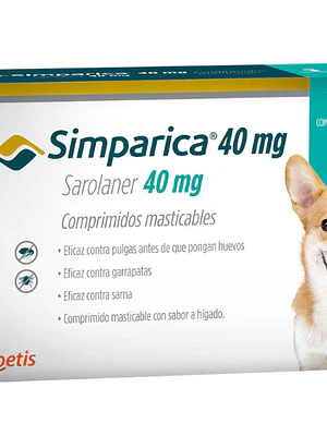 Simparica  Sarolaner 40 mg  1 Comprimido masticable. Uso veterinario