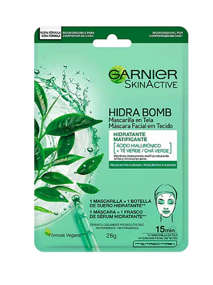 Garnier Skin active Mascarilla Hidra bomb Tela matificante Té verde.