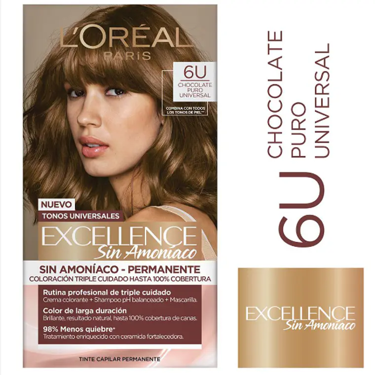 Coloración Excellence Sin amoníaco 6U Chocolate puro universal. L'oréal 1