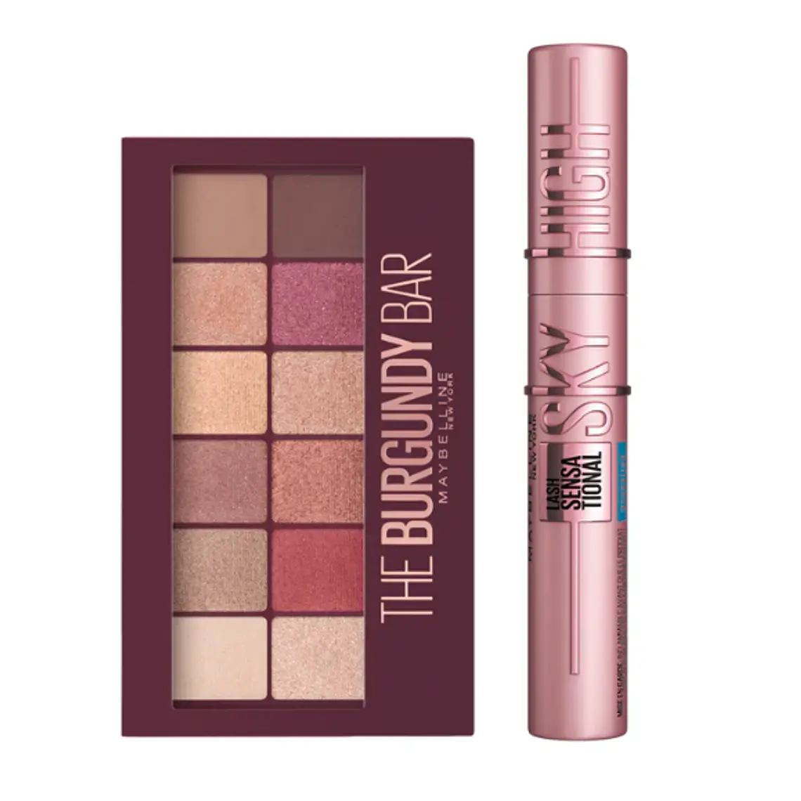 Pack de ojos Paleta de sombras Burgundy + Máscara de pestañas Sky high. Maybelline 1