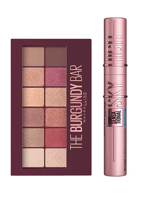 Pack de ojos Paleta de sombras Burgundy + Máscara de pestañas Sky high. Maybelline