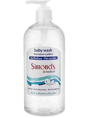 Jabón y shampoo Baby wash Sin perfume, piel sensible 500 ml. Simond's