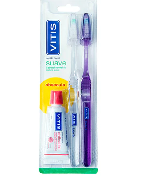 Vitis Duplo Cepillos Suave 2 Unidades + Pasta dental Anticaries 15 ml.