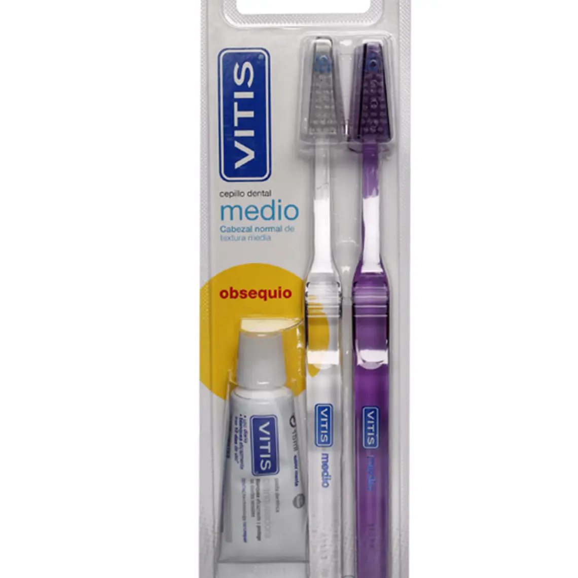 Vitis Duplo Cepillos Medio 2 Unidades + Pasta dental Blanqueadora 15 ml. 1