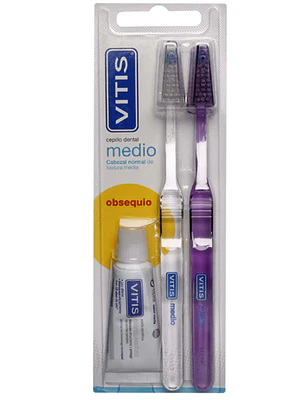 Vitis Duplo Cepillos Medio 2 Unidades + Pasta dental Blanqueadora 15 ml.