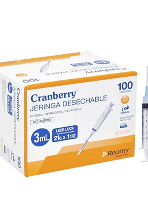 Jeringa 3cc Luer Slip con aguja  21x 1 1/2 Caja 100 Unidades. Cranberry