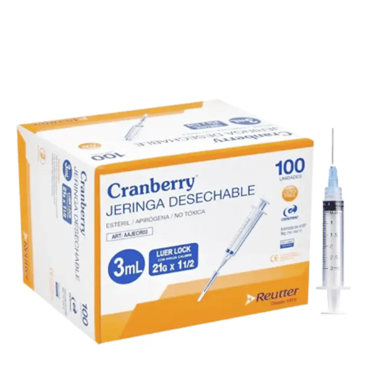 Jeringa 3cc Luer Slip con aguja  21x 1 1/2 Caja 100 Unidades. Cranberry 1