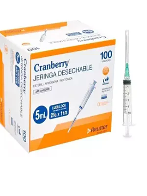 Jeringa 5cc Luer  Slip con aguja 21x1 1/2 Caja 100 Unidades. Cranberry