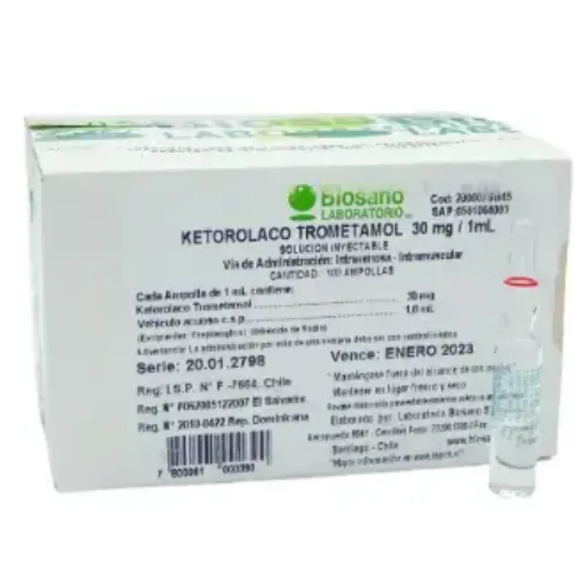 Ketorolaco Trometamol 30 mg Solución inyectable 100 Ampollas 1 ml. Biosano 1