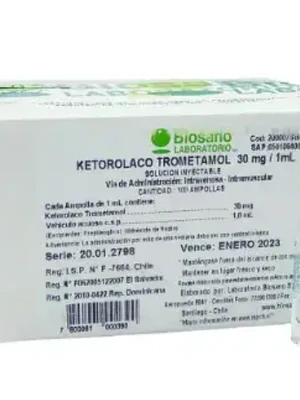 Ketorolaco Trometamol 30 mg Solución inyectable 100 Ampollas 1 ml. Biosano