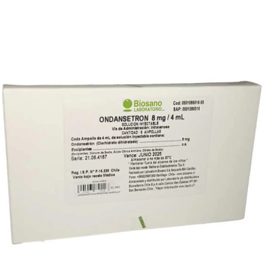 Ondansetrón 8 mg Solución inyectable 100 Ampollas 4 ml. Se vende por caja. Biosano 1