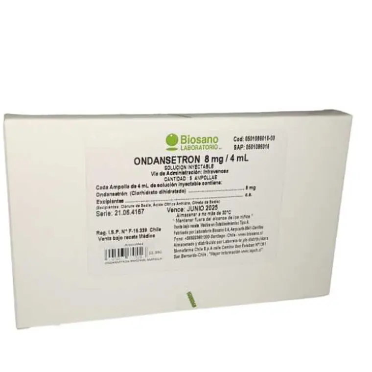 Ondansetrón 8 mg Solución inyectable 100 Ampollas 4 ml. Se vende por caja. Biosano 1