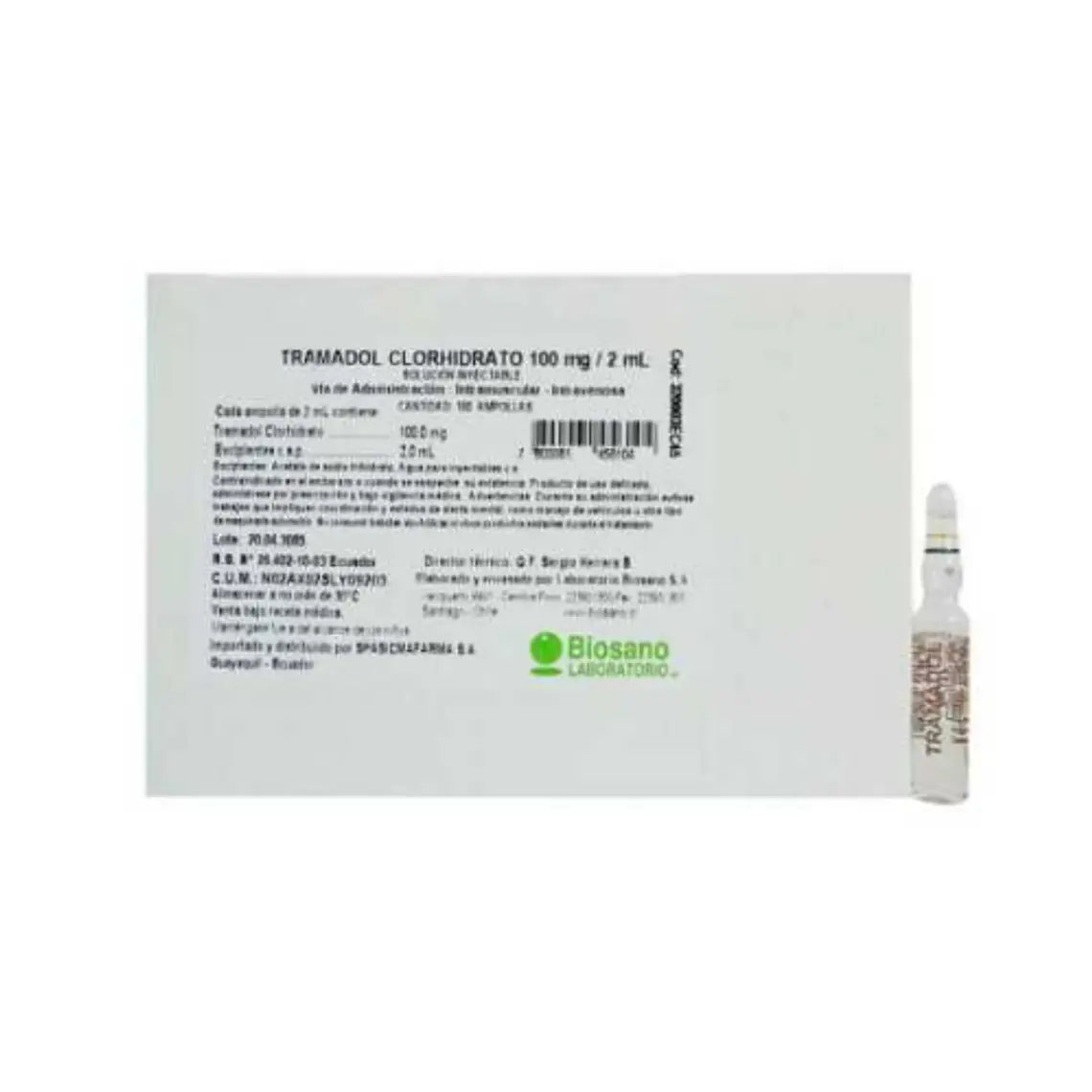 Tramadol 100 mg Solución inyectable 100 ampollas 2 ml. Biosano 1