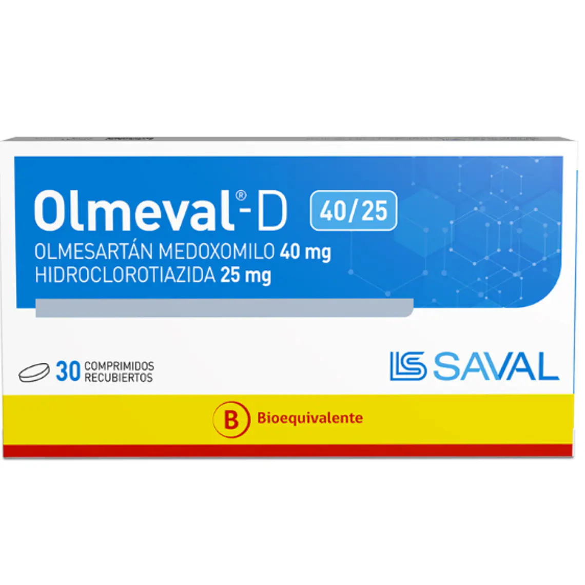 Olmeval-D (B) Olmesartán, Hidroclorotiazida 40/25 mg 30 Comprimidos recubiertos.  1