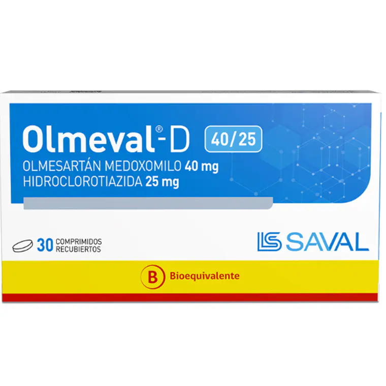 Olmeval-D (B) Olmesartán, Hidroclorotiazida 40/25 mg 30 Comprimidos recubiertos.  1