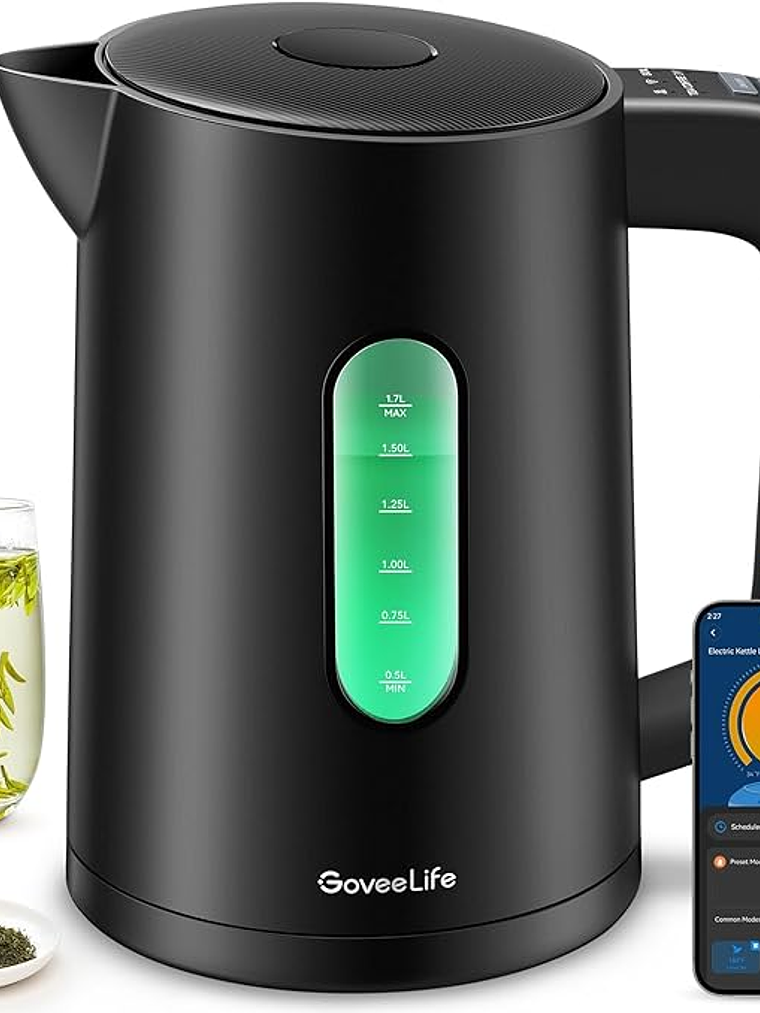 GoveeLife Hervidor inteligente con control de temperatura de 1.7 L, 1500 W, WiFi tetera eléctrica con luces indicadoras LED, control remoto, 2 horas mantener el calor, 4 presets de caldera de agua 1
