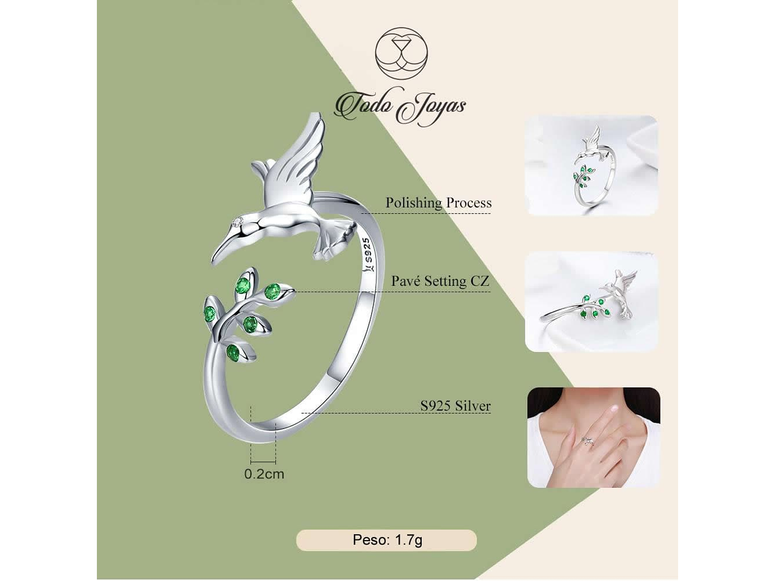 Anillo Plata 925 Colibri Picaflor Ave 4