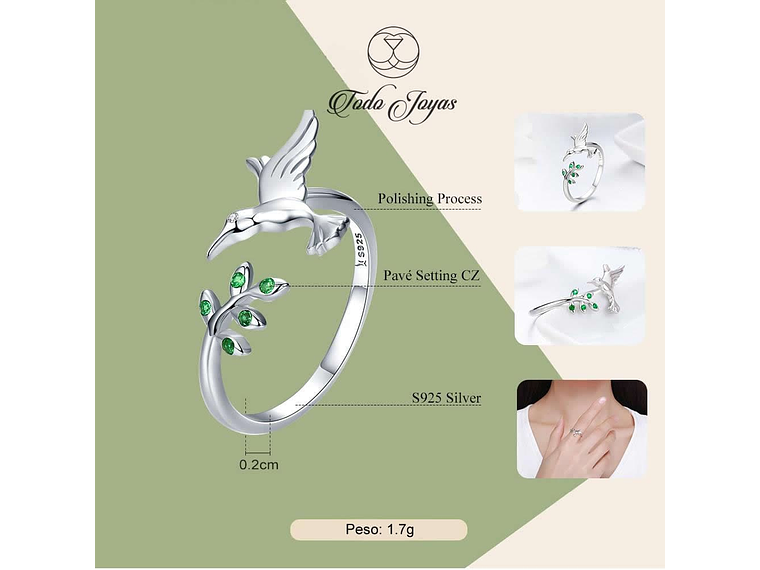 Anillo Plata 925 Colibri Picaflor Ave 4