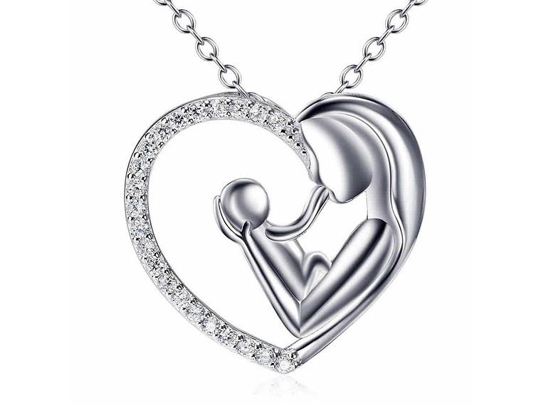 Collar Colgante Corazon Mama y Bebe Plateado 1