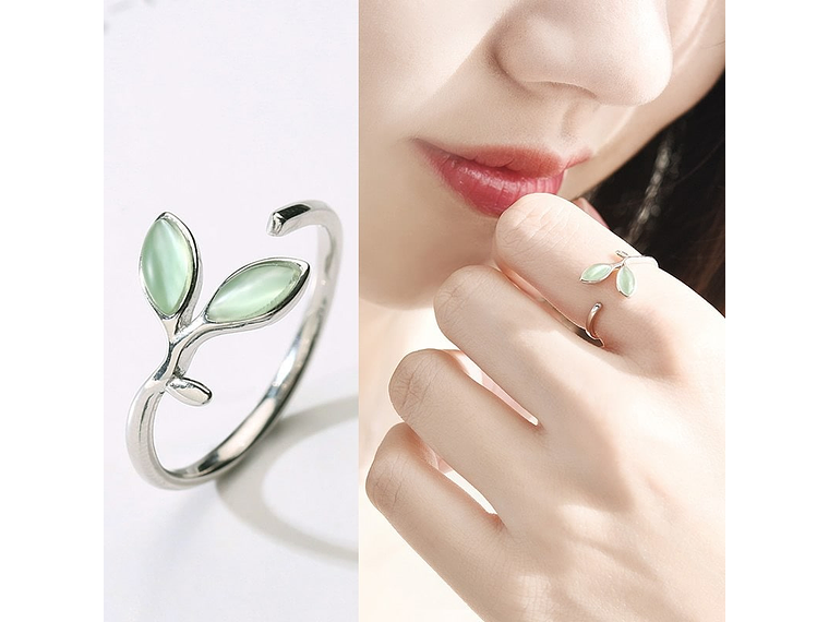 Anillo Doble Hoja Verde Plateado 4