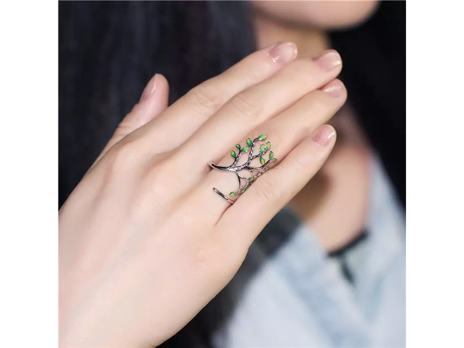 Anillo Arbol de Vida Verde Plateado 2