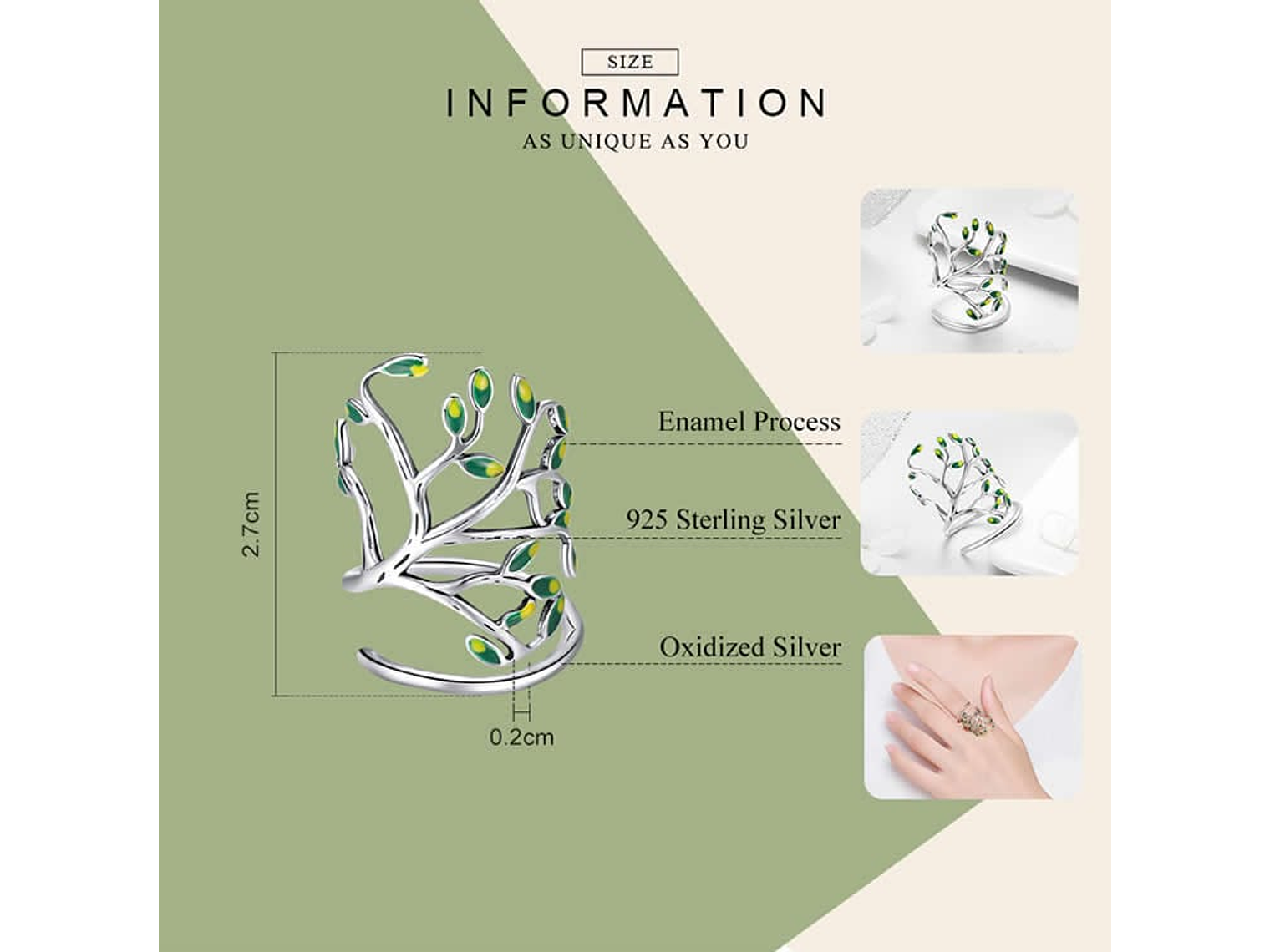 Anillo Plata 925 Arbol De la Vida Verde 5