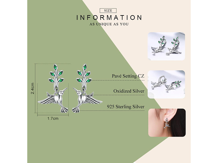 Aros Plata 925 Colibri Pajaro con Circones 4