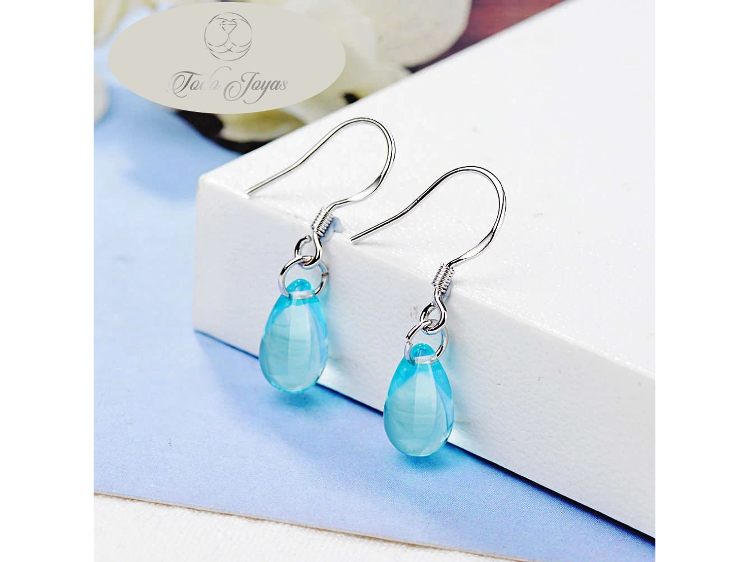 Aros Gota Cristal Celeste Colgante 3