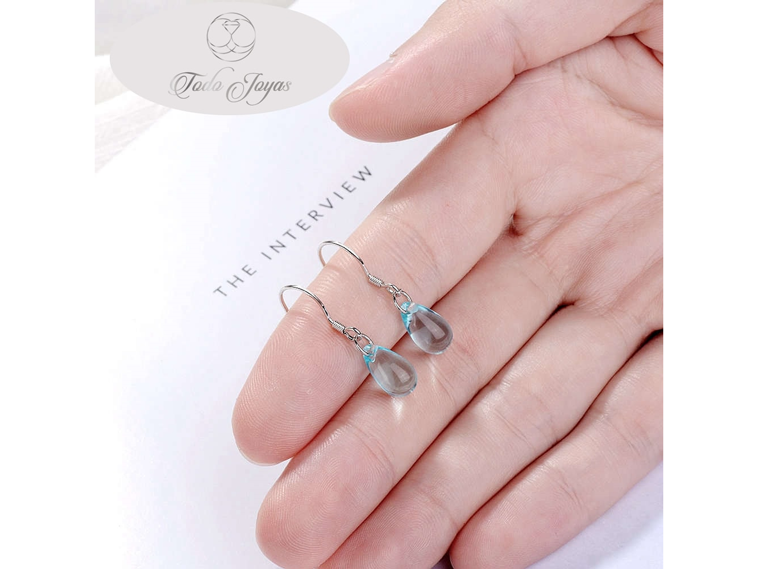 Aros Gota Cristal Celeste Colgante 6