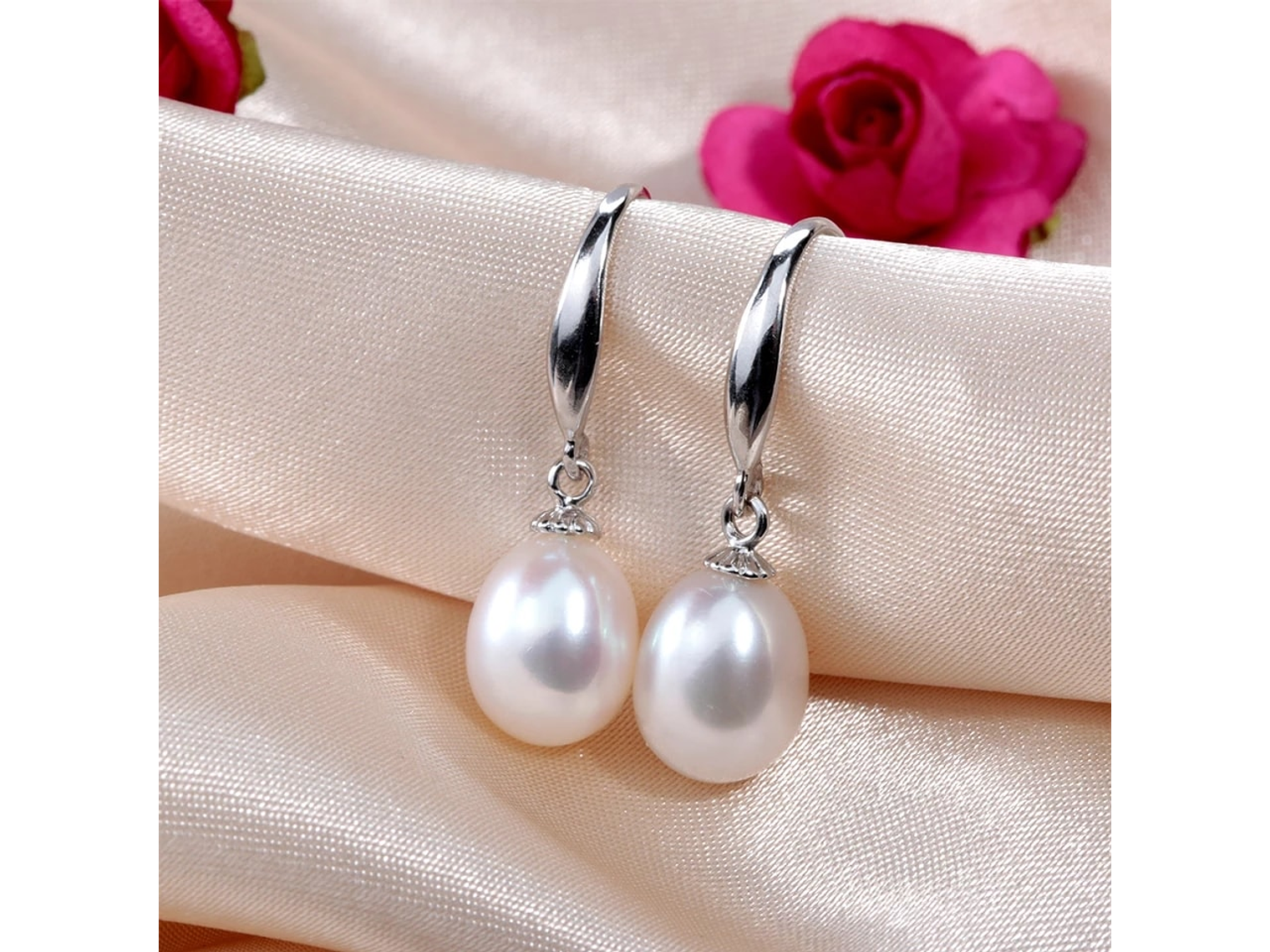 Aros Plata 925 Perla Colgante Blanco 3
