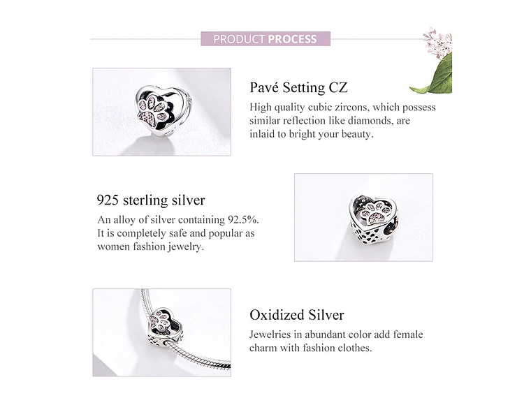 Charm Dije Plata 925 Corazon Patita Rosa Mascota 4