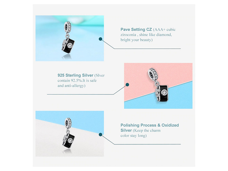 Charm Dije Plata 925 Camara Fotografica Negra 6