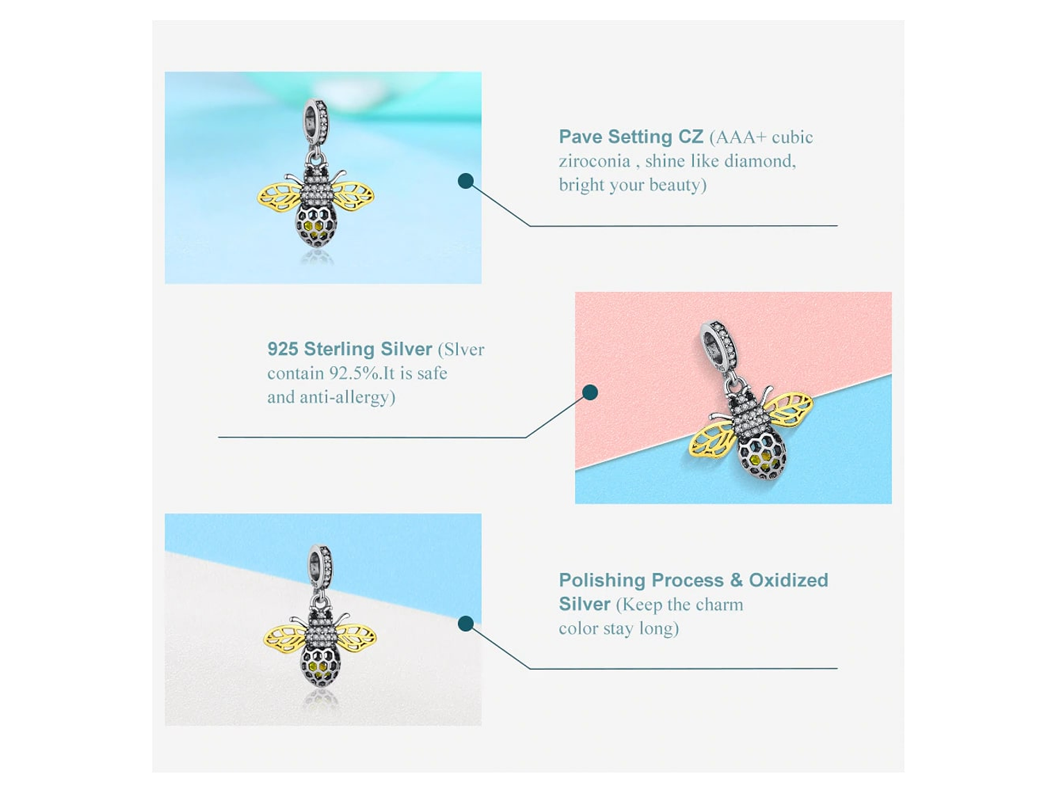 Charm Dije Plata 925 Abeja Gold 6