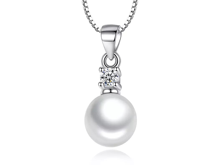 Collar Perla Blanca con Circon Plateado 1