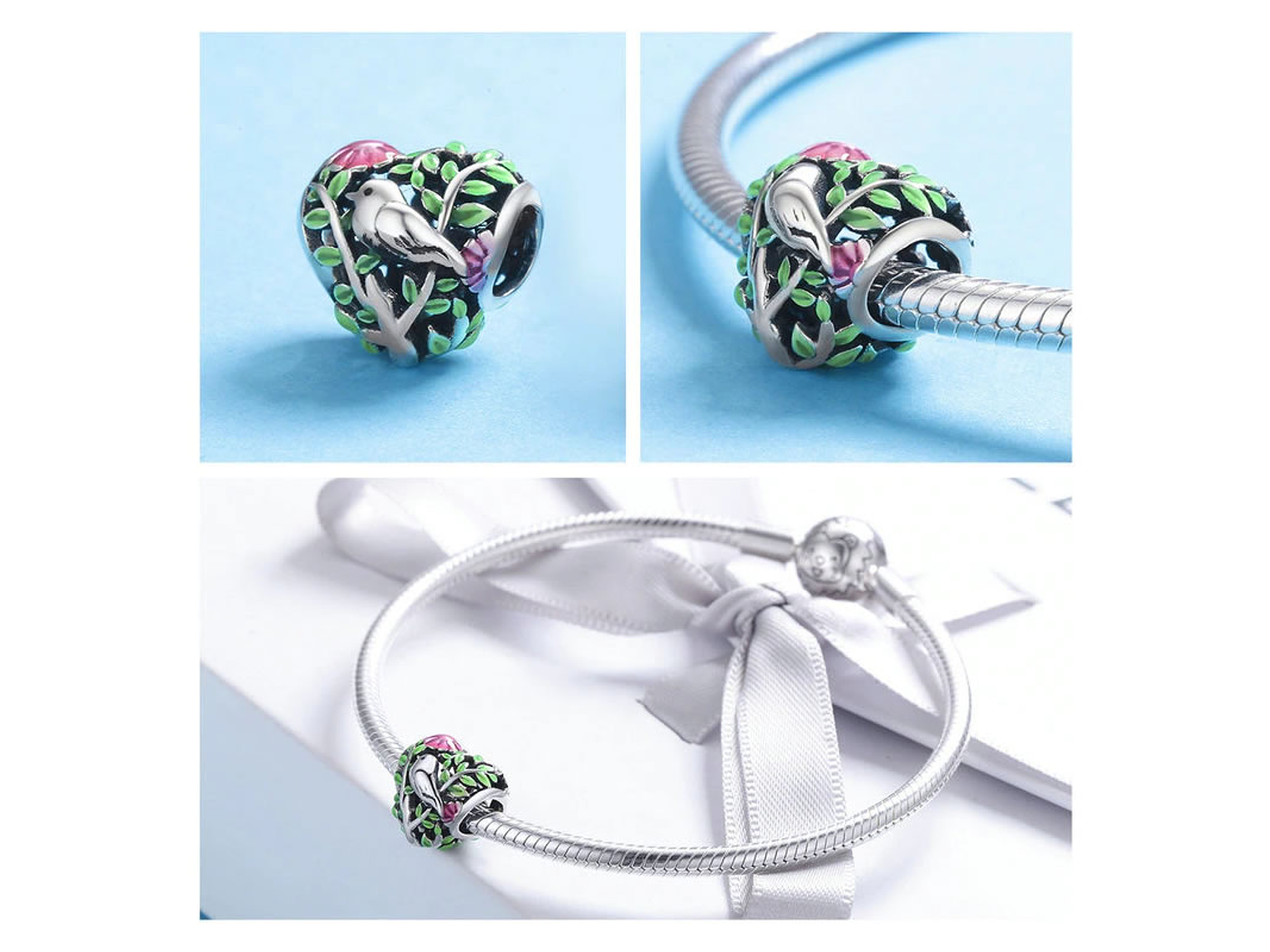 Charm Dije Plata 925 Corazon Colibri Pajaro Ave 3