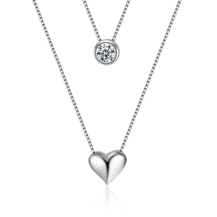 Collar Doble Plateado Corazon Circon