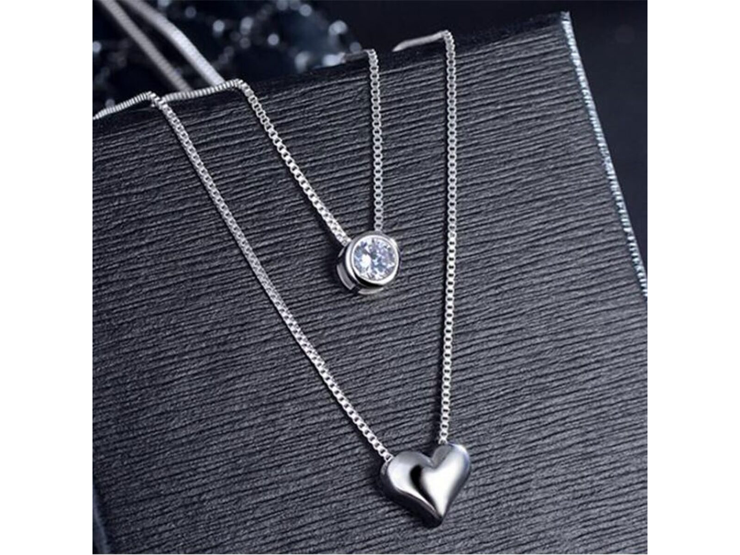 Collar Doble Plateado Corazon Circon 3